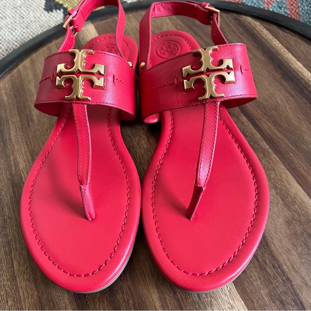 Tory Burch Eleanor T-Strap Sandals Red Leather US7